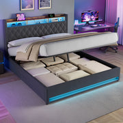 Letto contenitore 180x200 cm; LED RGB; porta USB; testiera imbottita; vano contenitore; mensola; velluto grigio; materasso escluso