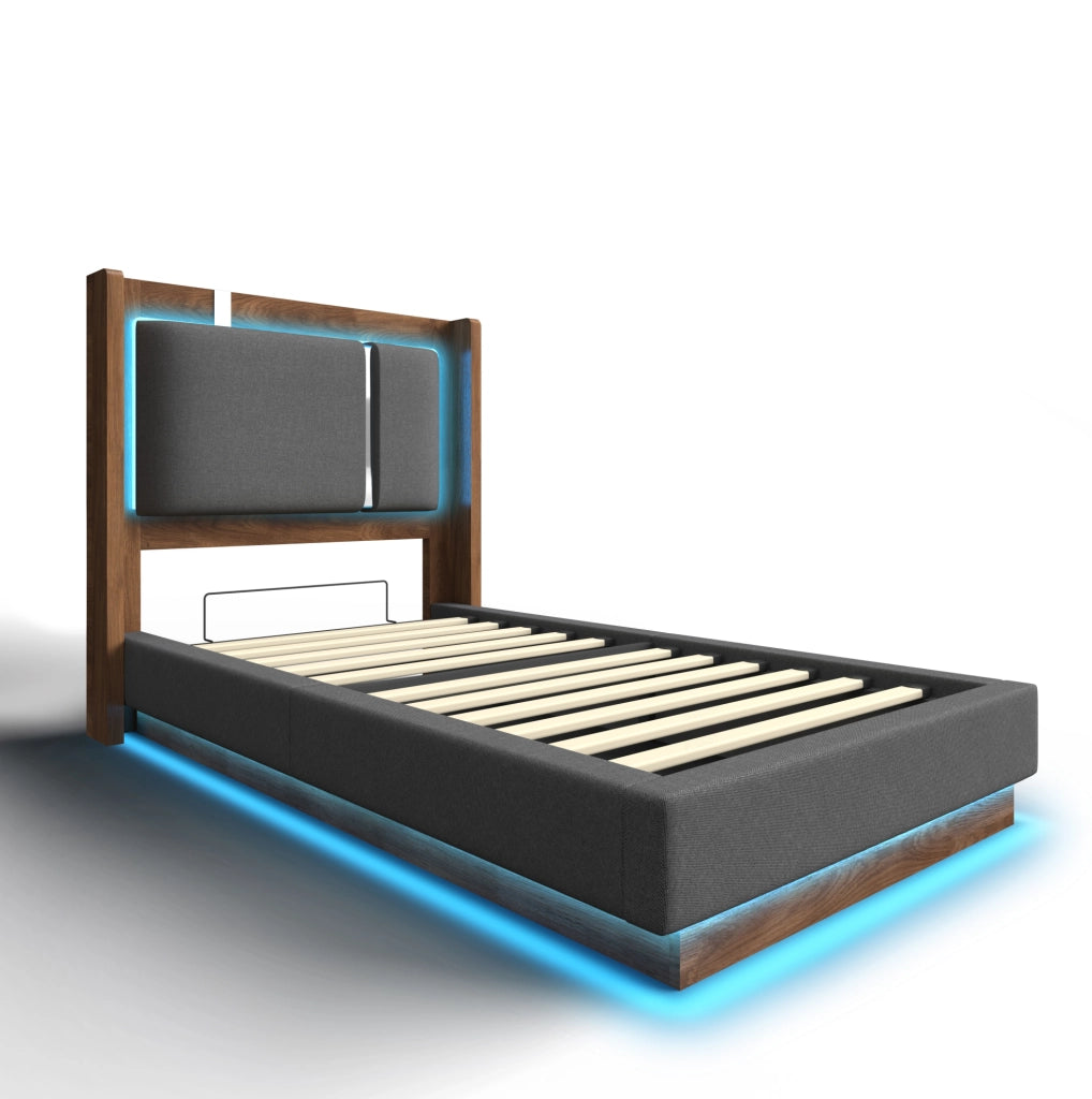 Letto singolo 90x200 cm con testiera imbottita in lino grigio, contenitore con sistema idraulico, LED integrati e rete a doghe in legno e metallo