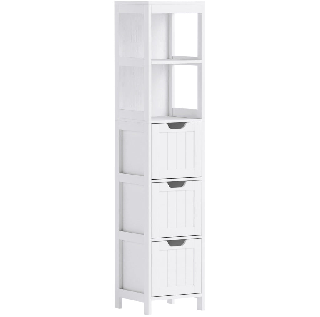 Mobiletto da bagno alto bianco con 3 cassetti e 2 ripiani aperti, 30x30x142,4 cm