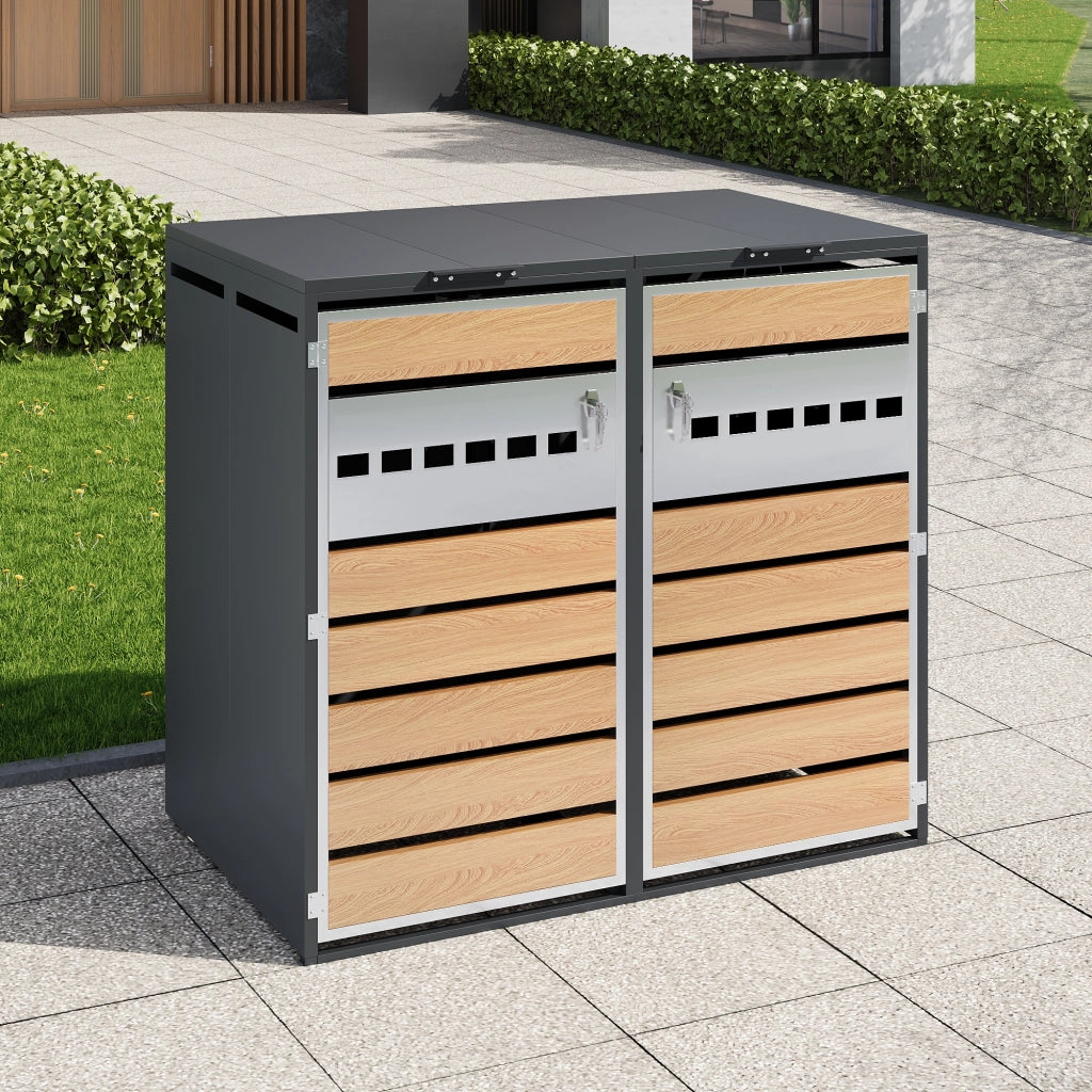 Box portabidoni a 2 scomparti con coperchi idraulici in acciaio zincato grigio effetto legno 132 × 80 × 118.5 cm