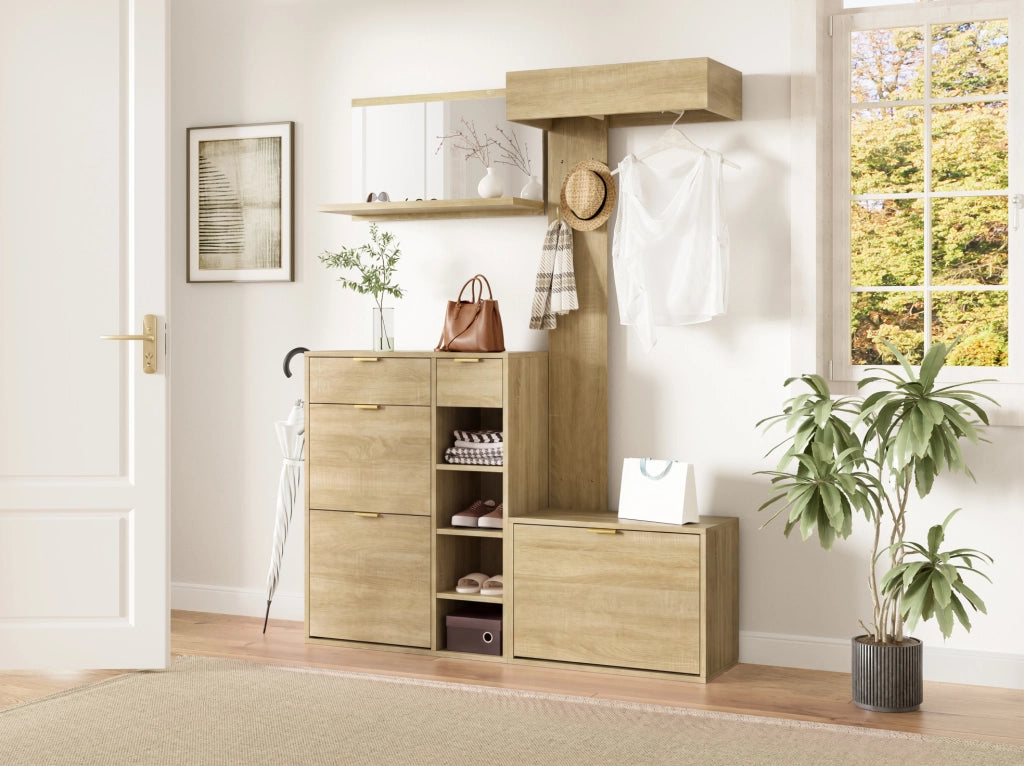 Set guardaroba 4 pezzi con scarpiera, panca, specchio e appendiabiti 130x30x174 cm, mobili per ingresso in truciolato naturale
