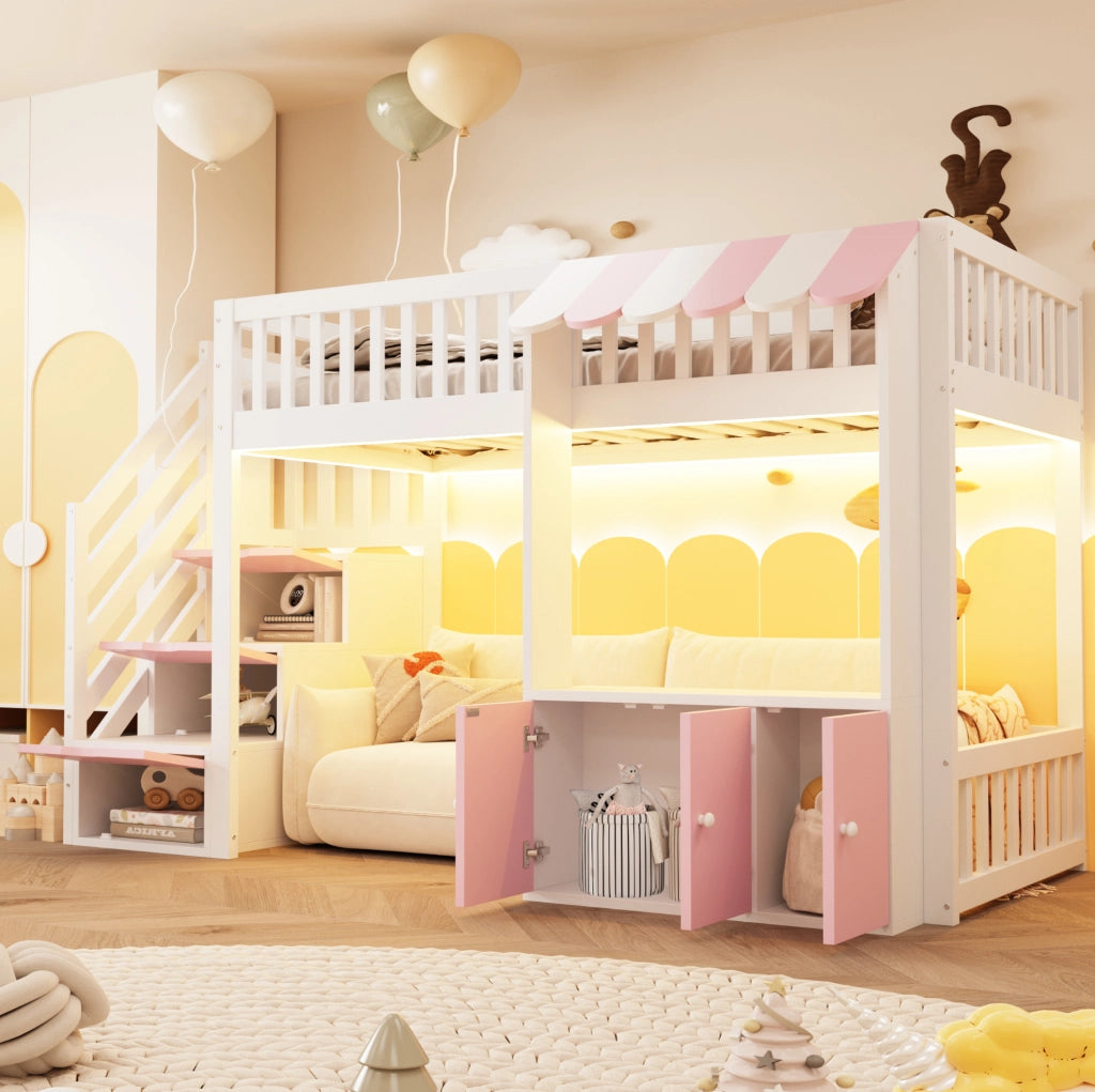 Letto a soppalco multifunzione 90x200 cm con scala contenitiva e luci LED