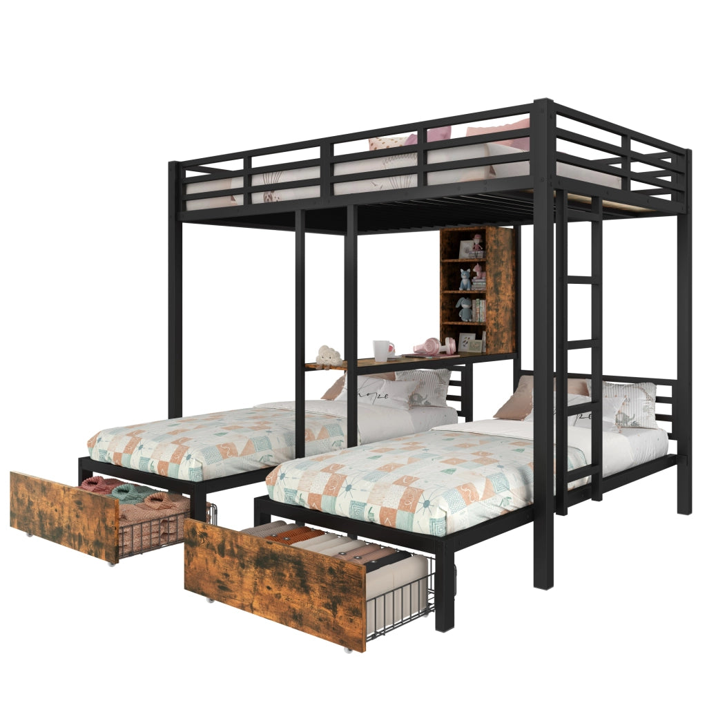 Letto a castello triplo 140x200 e 90x200 cm con cassetti e ripiani in MDF e metallo nero