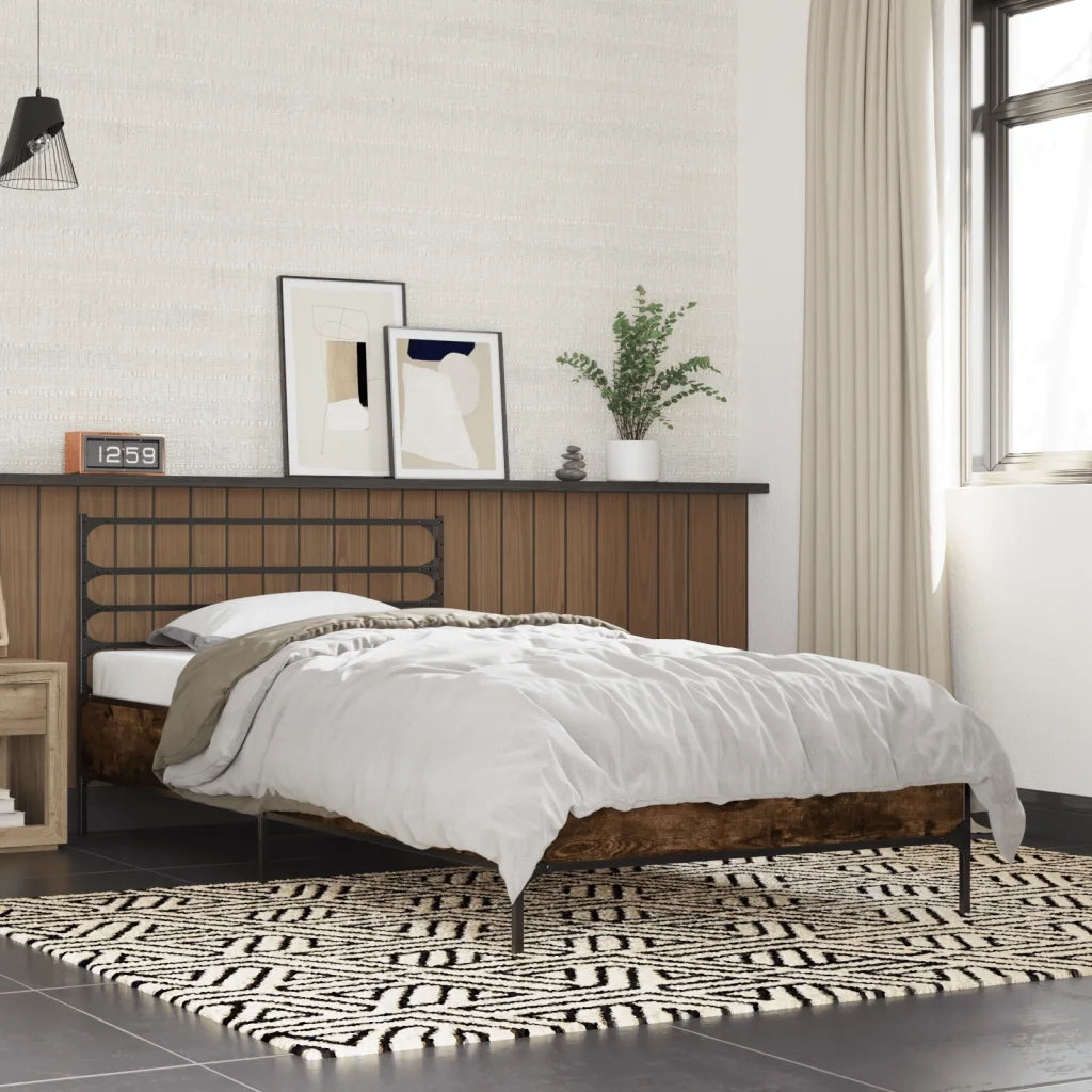 Letto singolo | Letto per adulti | Giroletto Rovere Fumo 90x200 cm in Legno Multistrato e Metallo