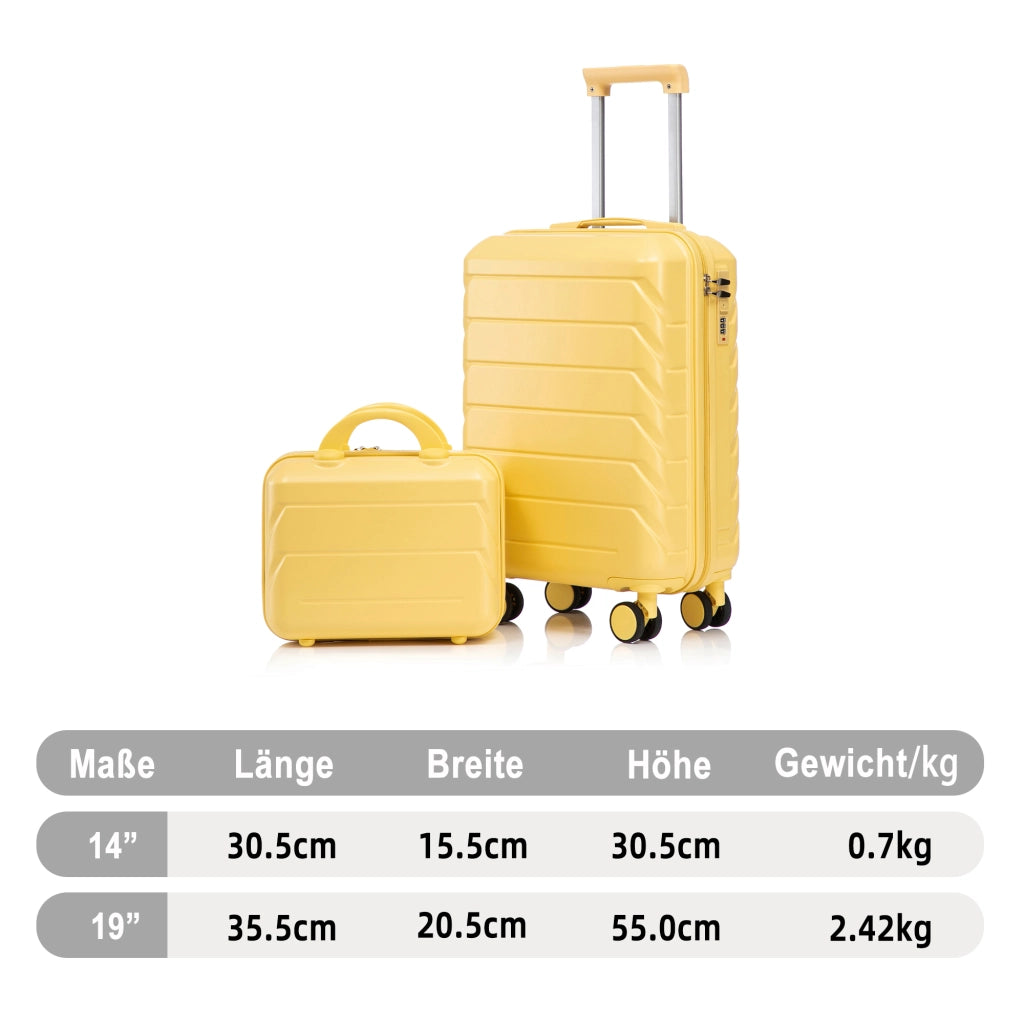 Set di valigie rigide 2 pezzi in ABS giallo con trolley da 19 pollici e beauty case rimovibile da 14 pollici