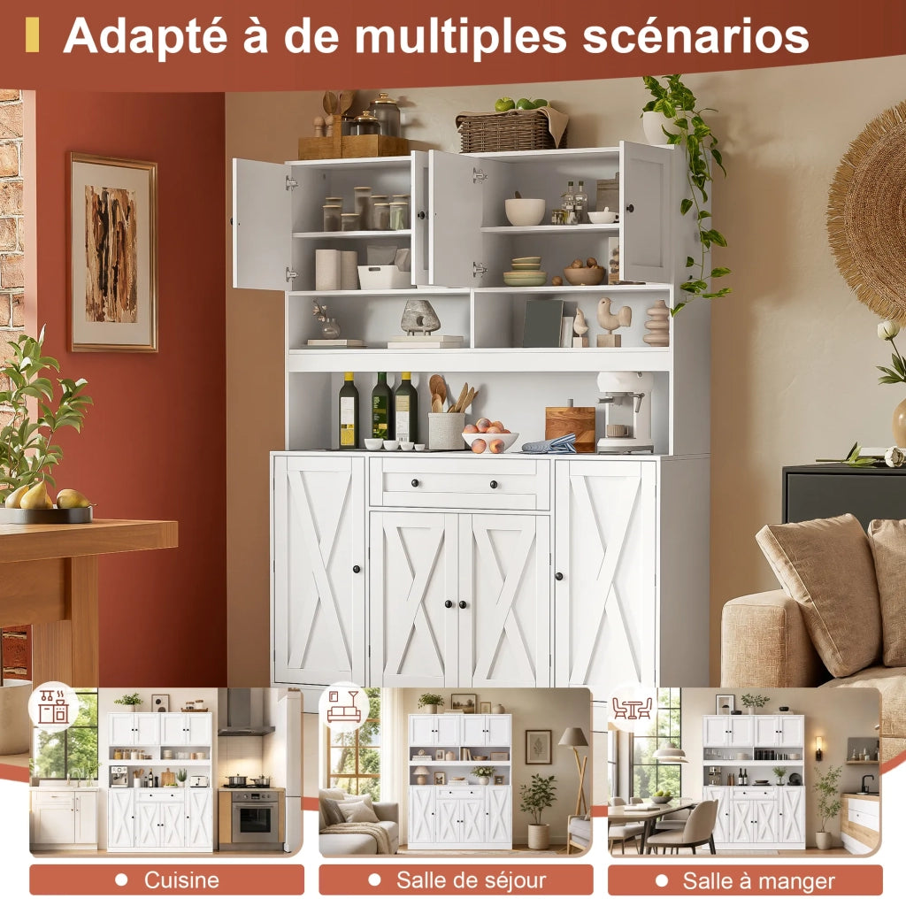 Credenza da cucina stile country, cremobianco, 140x40x185 cm, con piano di lavoro e presa elettrica. Grande armadio con cassetto, ripiani regolabili e vani porta