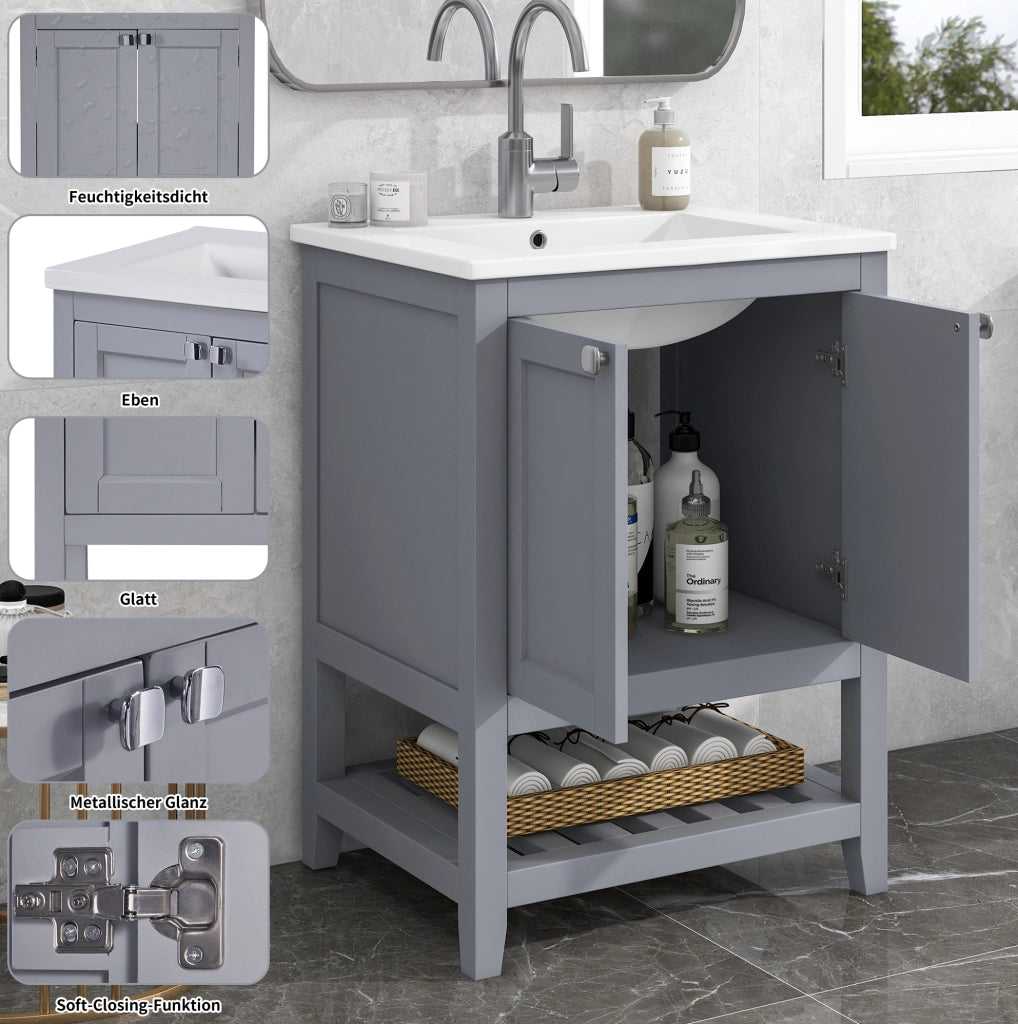 Mobile bagno con lavabo in ceramica e base contenitore 60 cm, grigio chiaro
