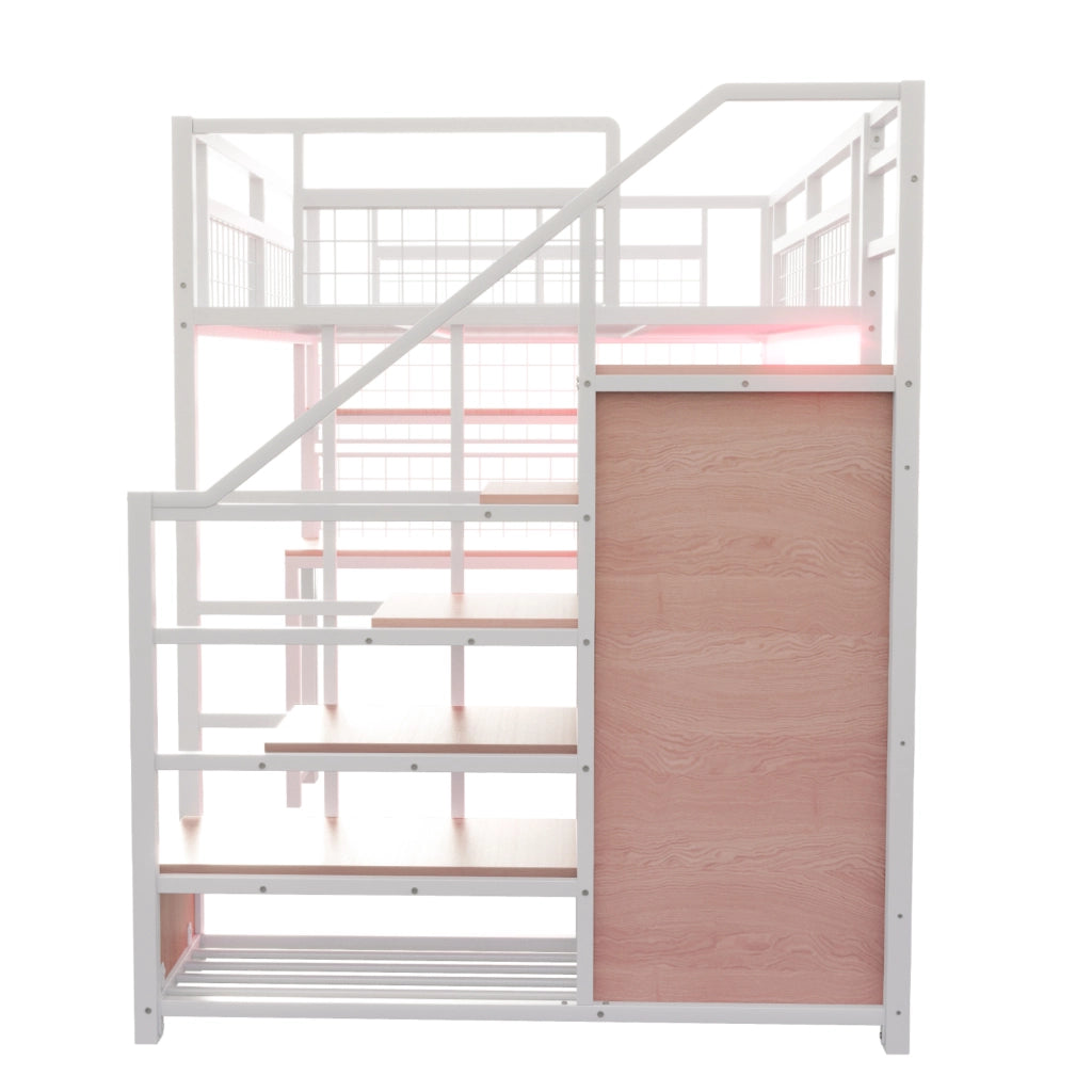 Letto a Soppalco 140x200 cm con Scrivania; Ripiano; LED; prese e rete in Metallo Bianco