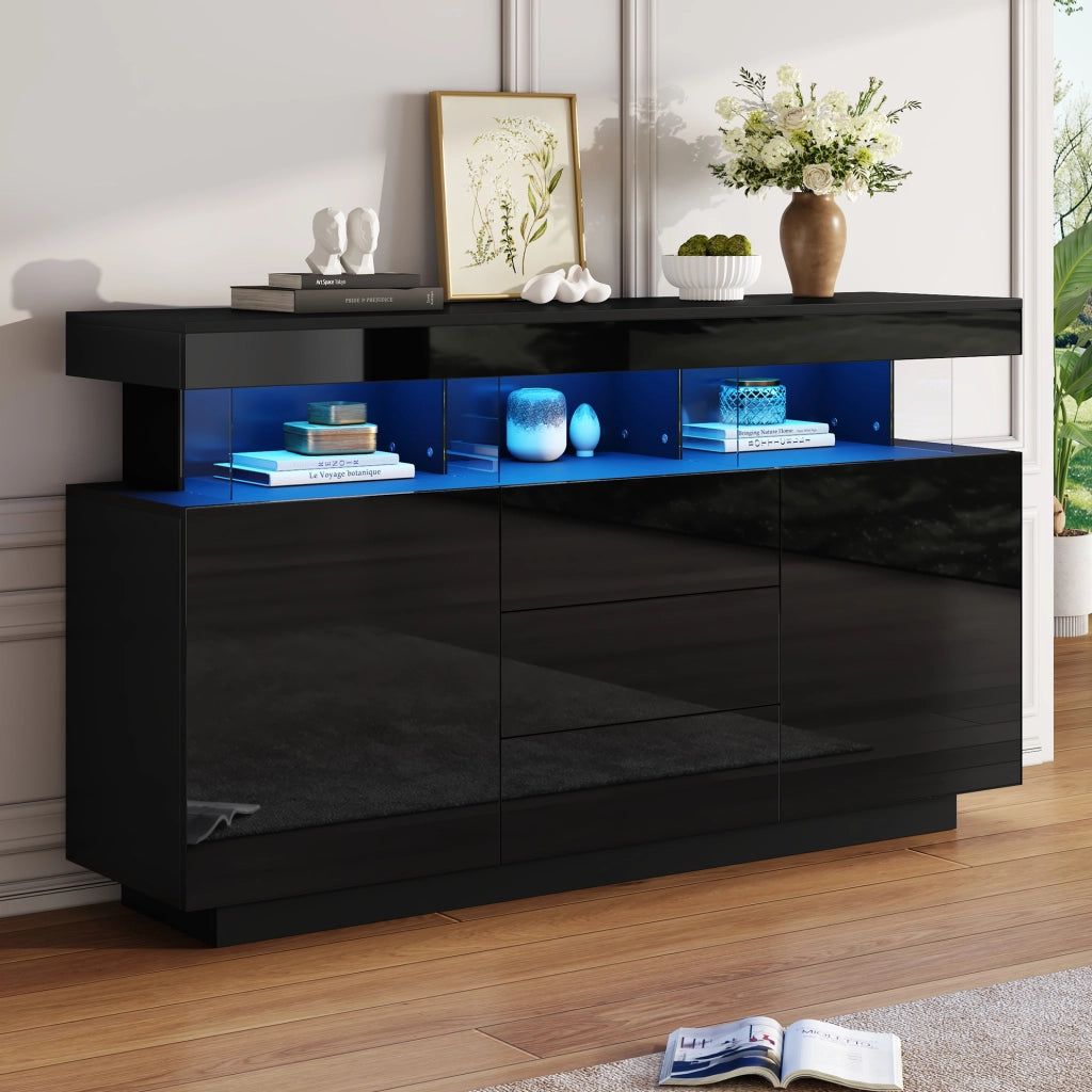 Credenza nera lucida con LED, 3 cassetti e vani contenitore 140x35x80 cm