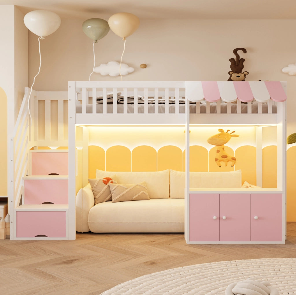 Letto a soppalco singolo 90x200 cm con scala contenitore e luce LED; rosa e bianco