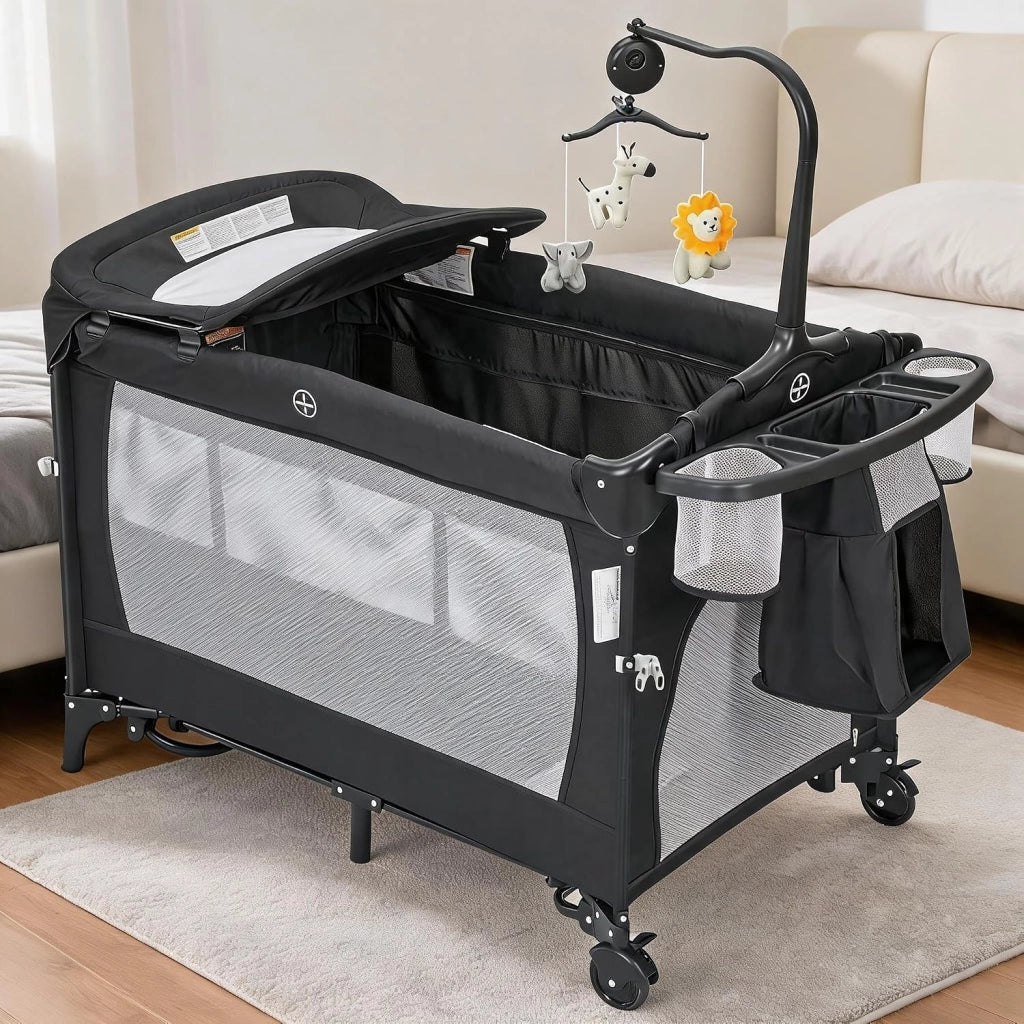 Lettino da viaggio 4 in 1 per neonati con materasso e letto aggiuntivo.