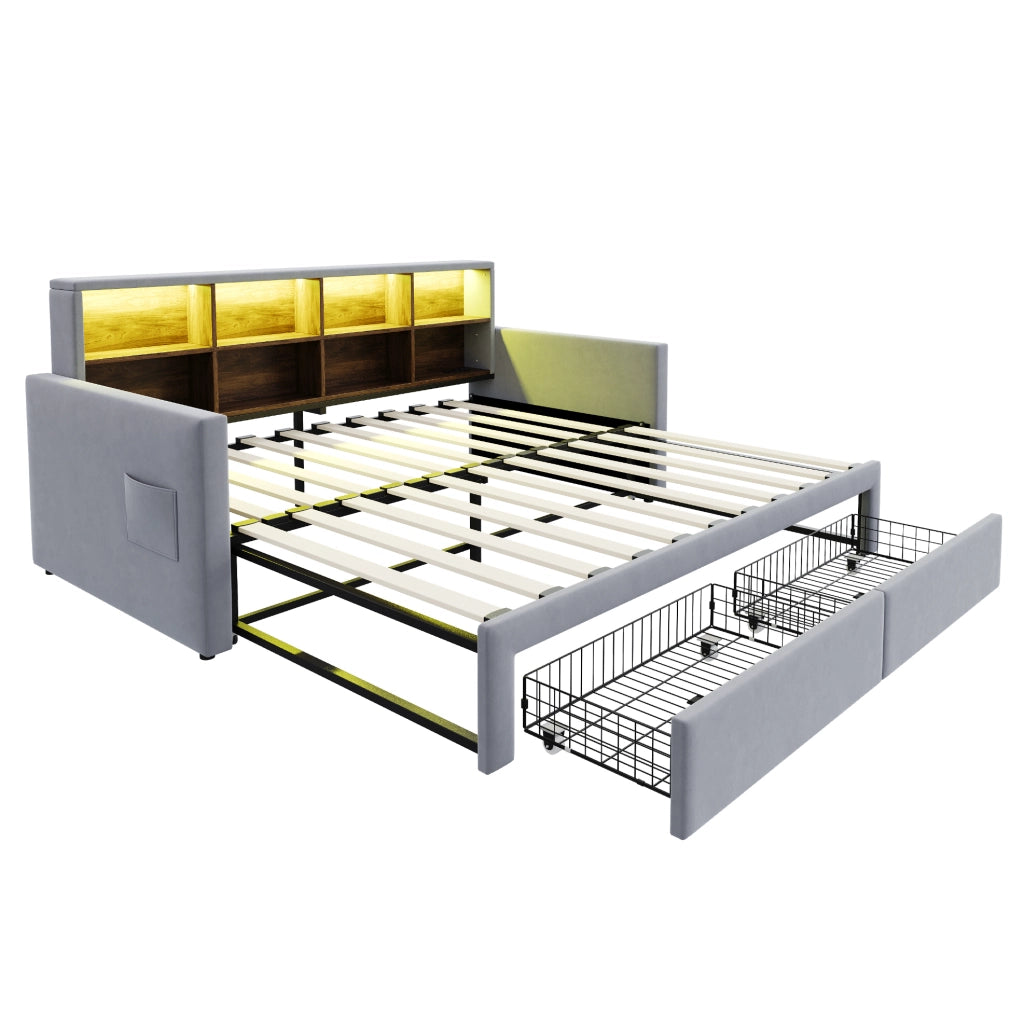 Divano Letto Imbottito Estraibile 90x190 cm con Testiera Contenitore, Luci LED e Prese USB, Tessuto Vellutato Grigio Chiaro
