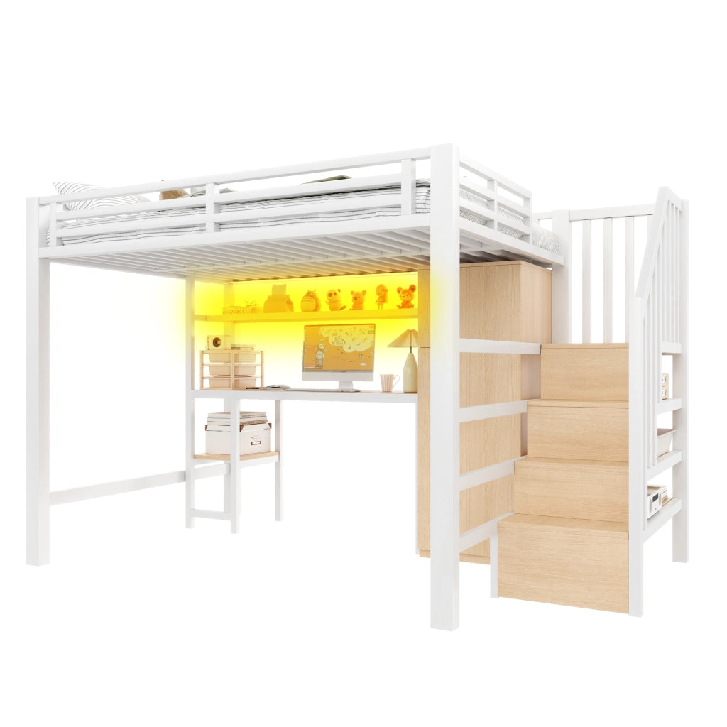 Letto a Soppalco 140x200 cm con Scrivania; Armadio; Mensola LED; Scala - Bianco