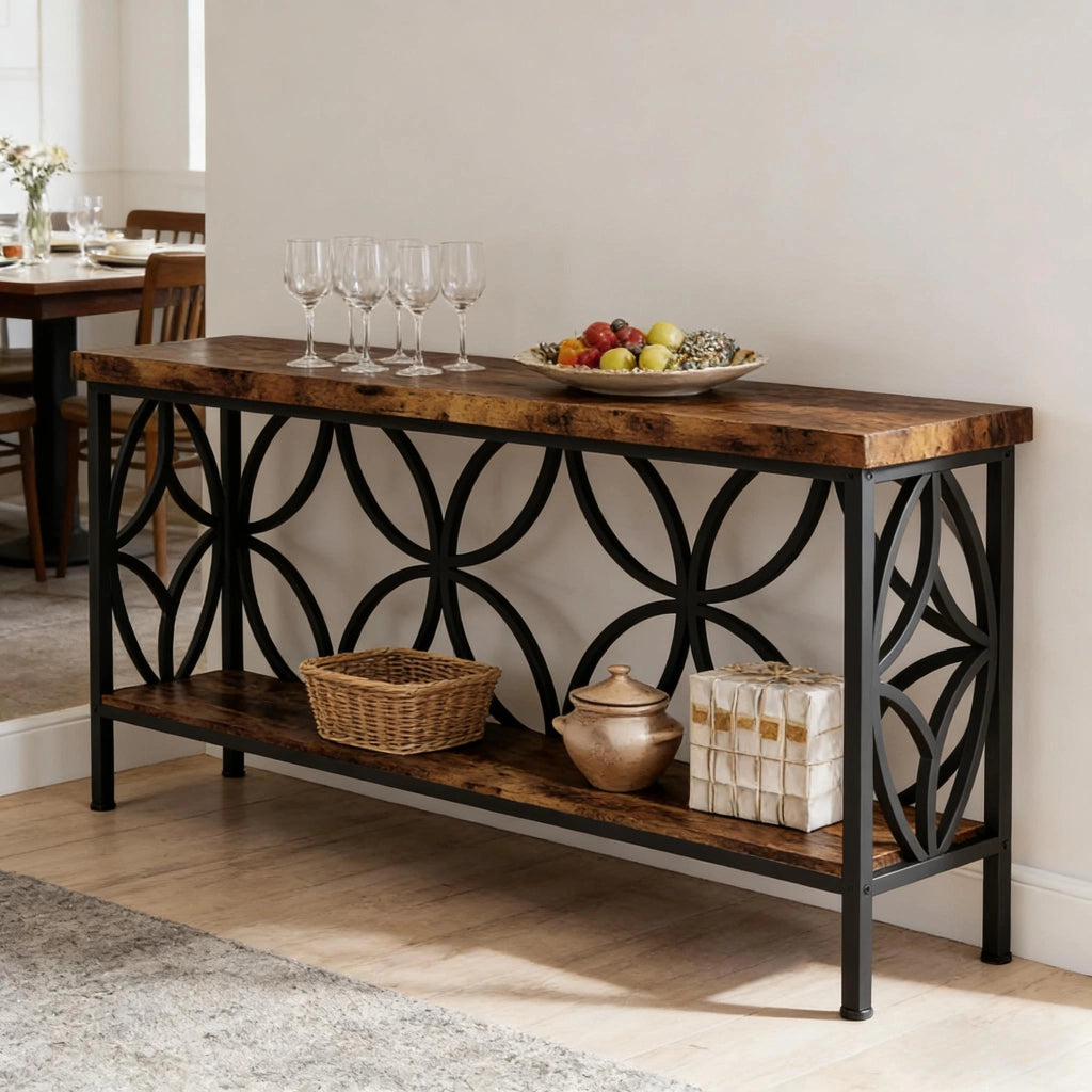 Consolle con ripiani aperti in pannelli di particelle e acciaio nero e marrone rustico 160 × 29.5 × 80 cm