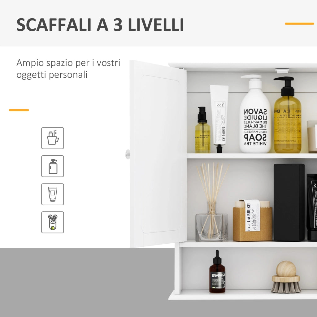 Specchio Bagno Contenitore con Ante e Ripiani Regolabili, Specchiera Bagno in Vetro, Mobiletto Armadietto a Muro con Specchio, 56x13x58cm, Bianco