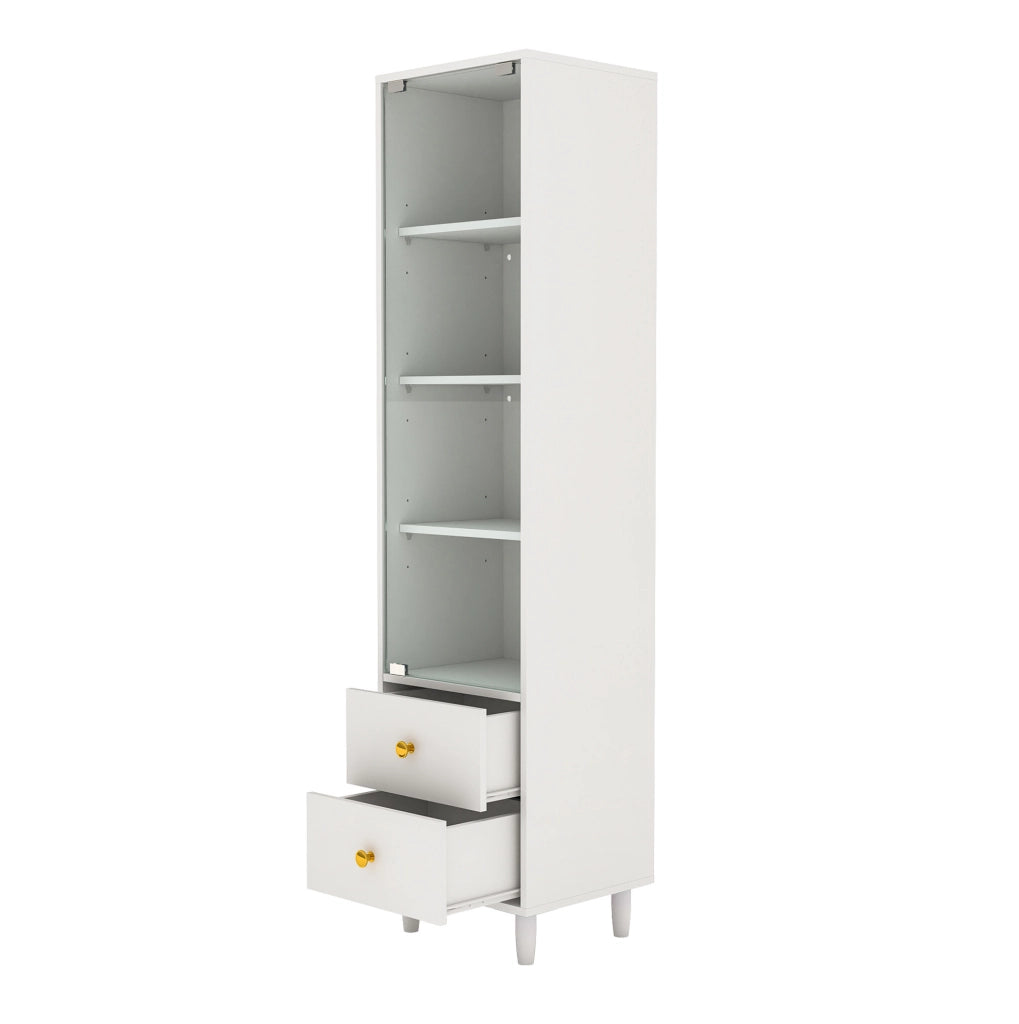 Vetrina moderna bianca con LED, 2 cassetti e ante in vetro, 165x40x35 cm, design con maniglie oro