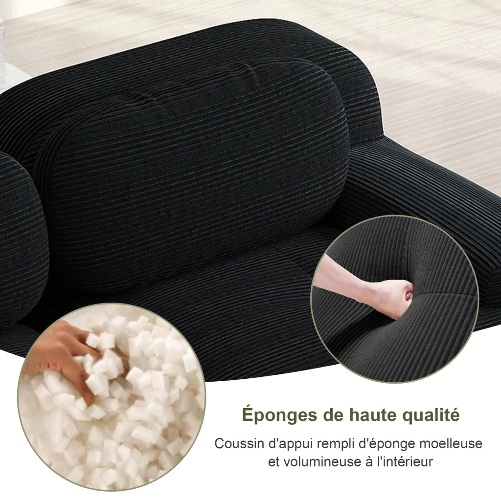 Divano angolare modulare 4 posti con rivestimento in velluto a coste nero, schiuma ad alta densità 32D, senza telaio, con chaise longue e braccioli extra larghi