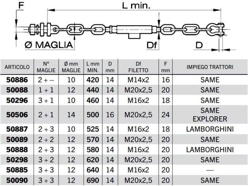 Catena imbrigliamento SAME 2+1, 3+1 maglie ø10-14mm L420-690mm M14x2-M20x2.5 - 50089
