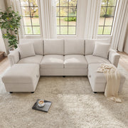 Divano modulare in ciniglia beige 261x134x82 cm con 2 pouf contenitore e 2 cuscini