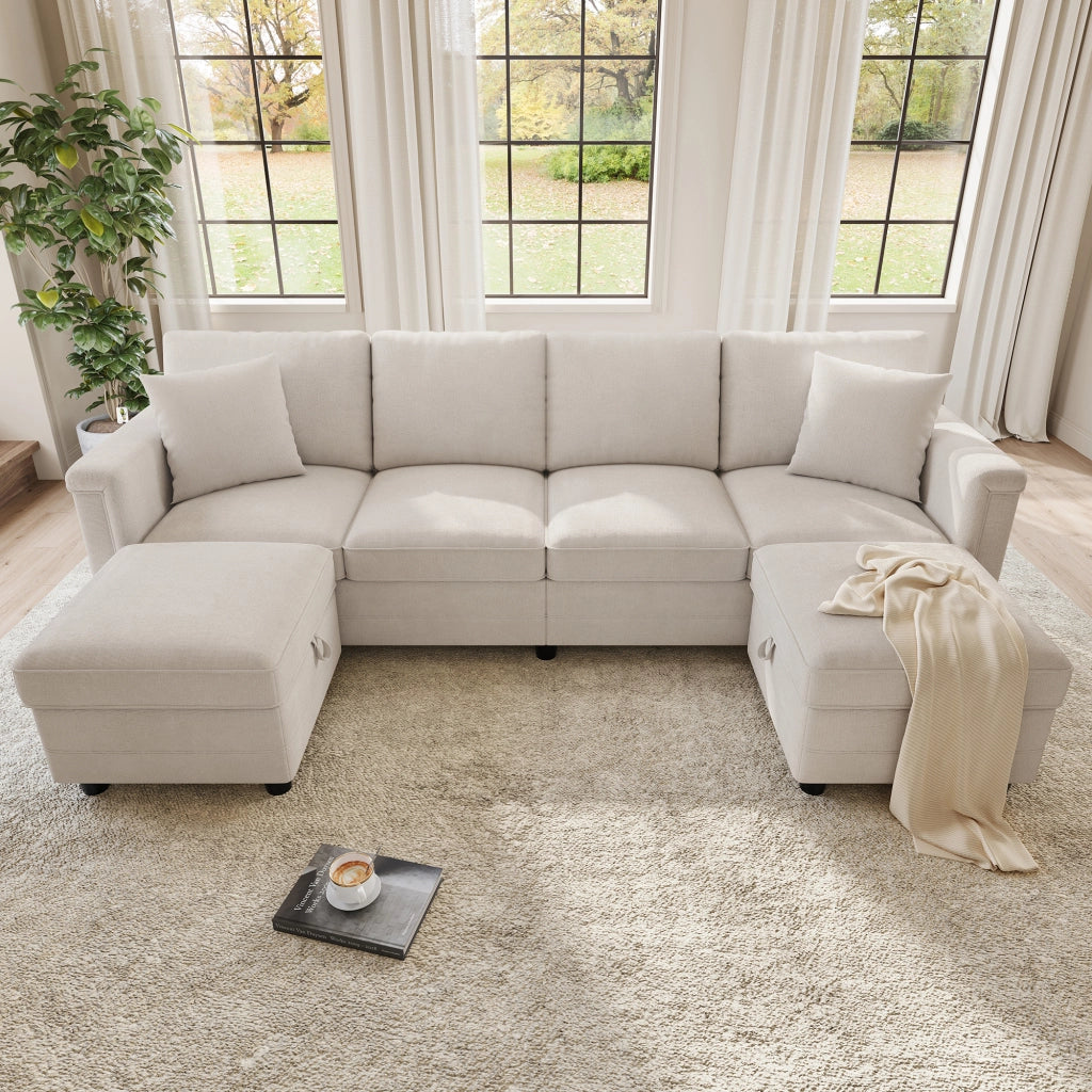 Divano modulare in ciniglia beige 261x134x82 cm con 2 pouf contenitore e 2 cuscini