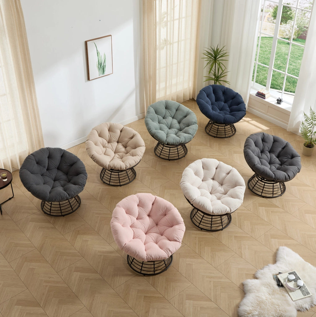 Sedia Papasan Ergonomica in Rattan con Cuscino Spesso e Girevole a 360°, Telaio Marrone e Cuscino Grigio in Velluto a Coste