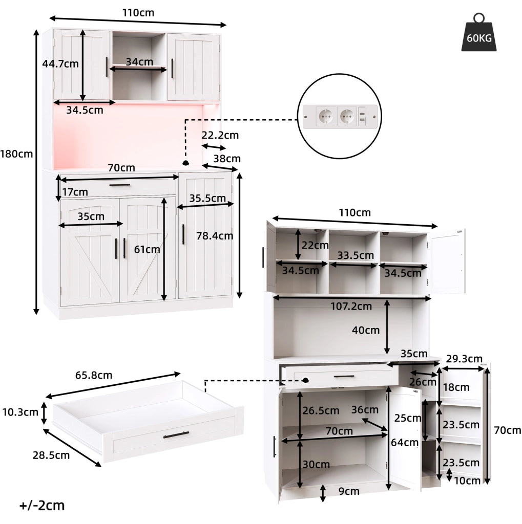 Mobile da Cucina in MDF Bianco 110x38x180 cm con LED, Prese Elettriche e 5 Ante in Stile Country