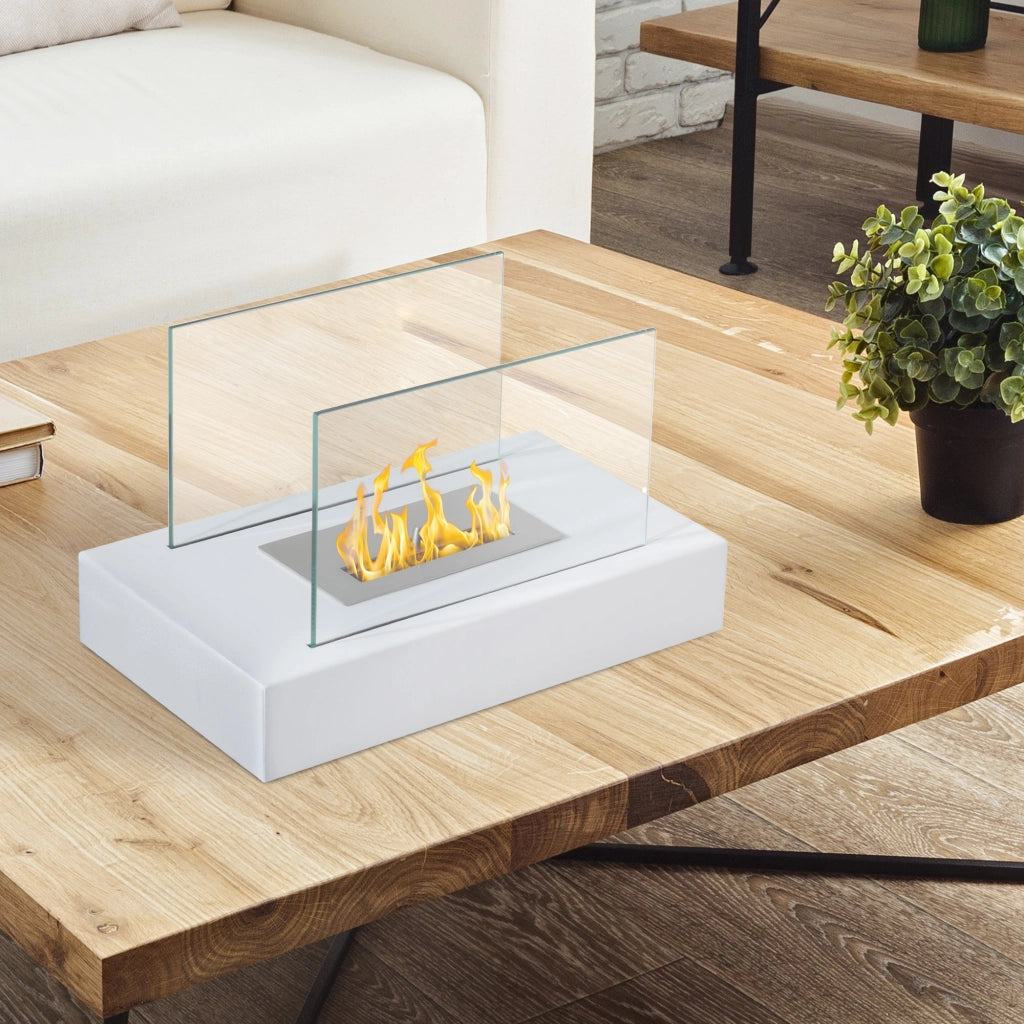 EasyComfort Camino a Bioetanolo da Tavolo 830 W Bruciatori senza Residui Inodore In Acciaio Inox con Vetro 35x18x21 cm Bianco