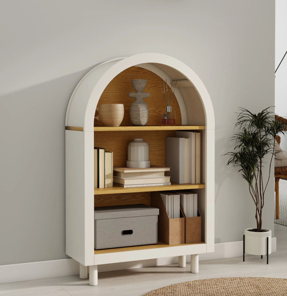 Libreria con vano portaoggetti, design moderno con bordo superiore arcuato, 3 ripiani, bianco effetto legno, per soggiorno, camera da letto e ingresso