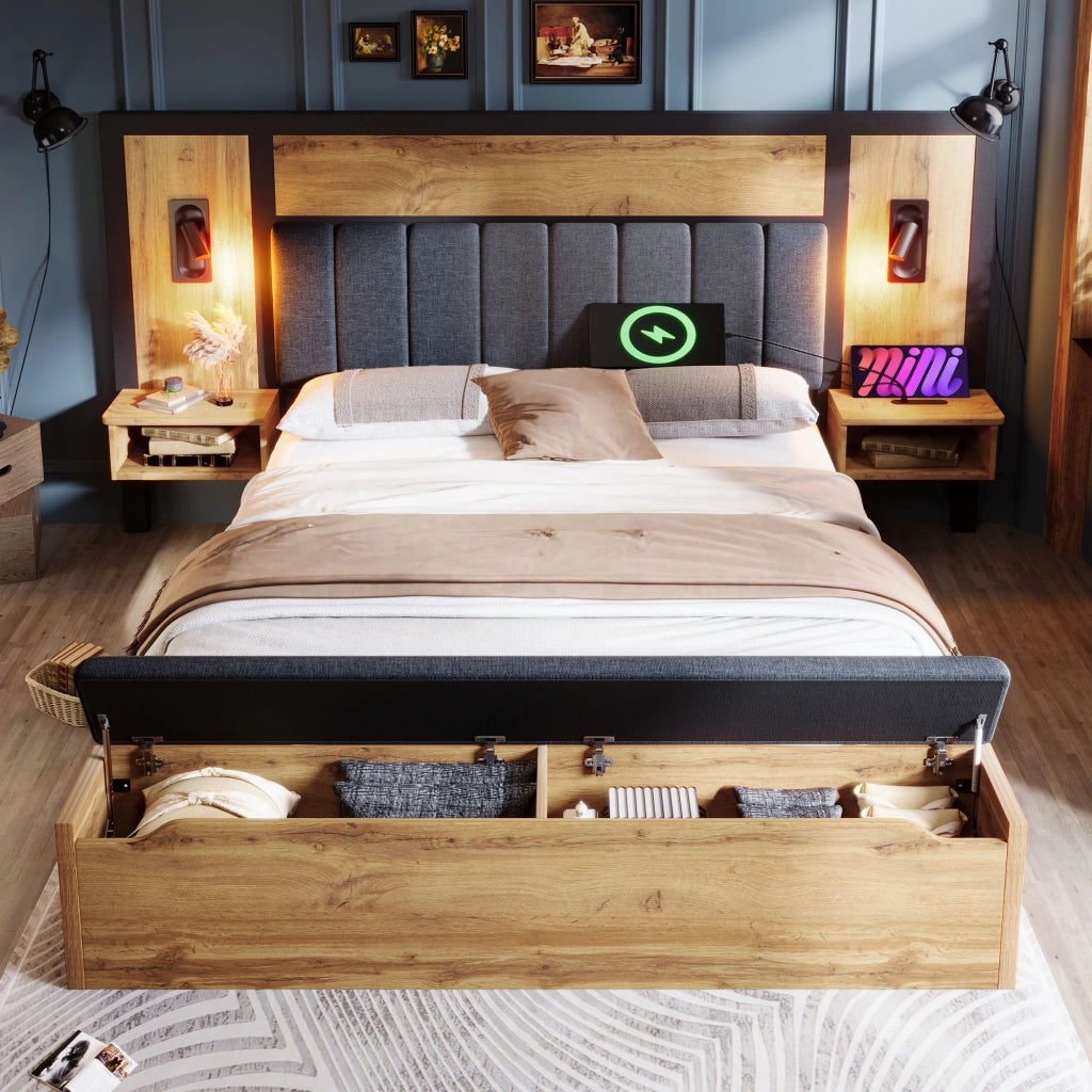 Letto 180x200 cm con comodini; panca contenitore; luci di lettura e USB/Type-C; effetto rovere