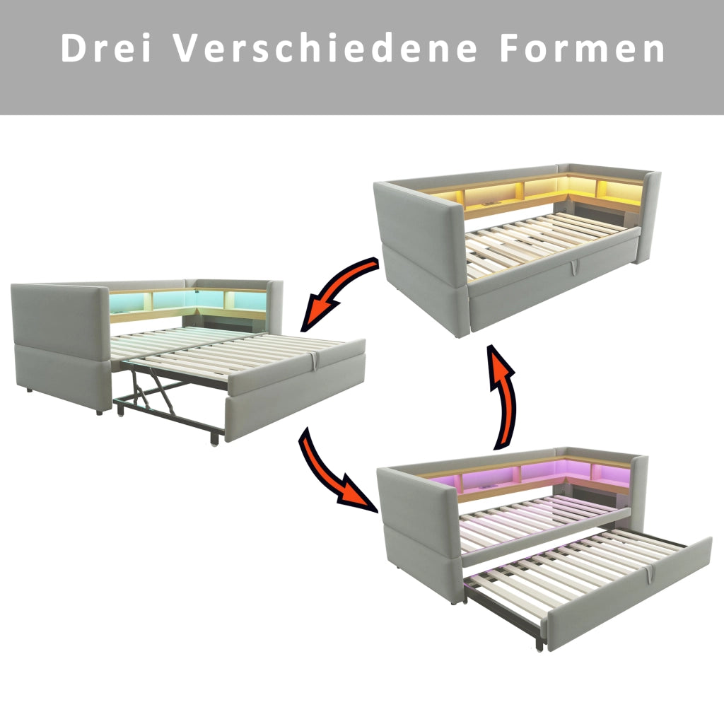 Divano letto 90/180 × 190 cm estraibile con LED prese e vani portaoggetti in flanella grigio chiaro
