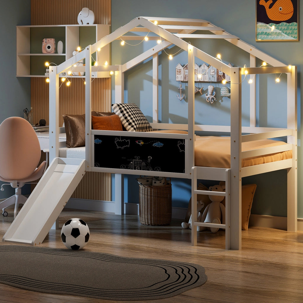 Letto a castello bianco in legno massello con scivolo e scala di sicurezza 90x200 cm