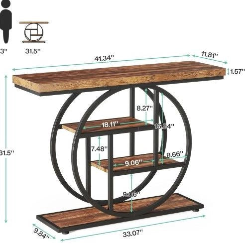 Tavolo Consolle Industriale a 4 Ripiani con Piano Rotondo e Struttura Metallica 105x30x80 cm