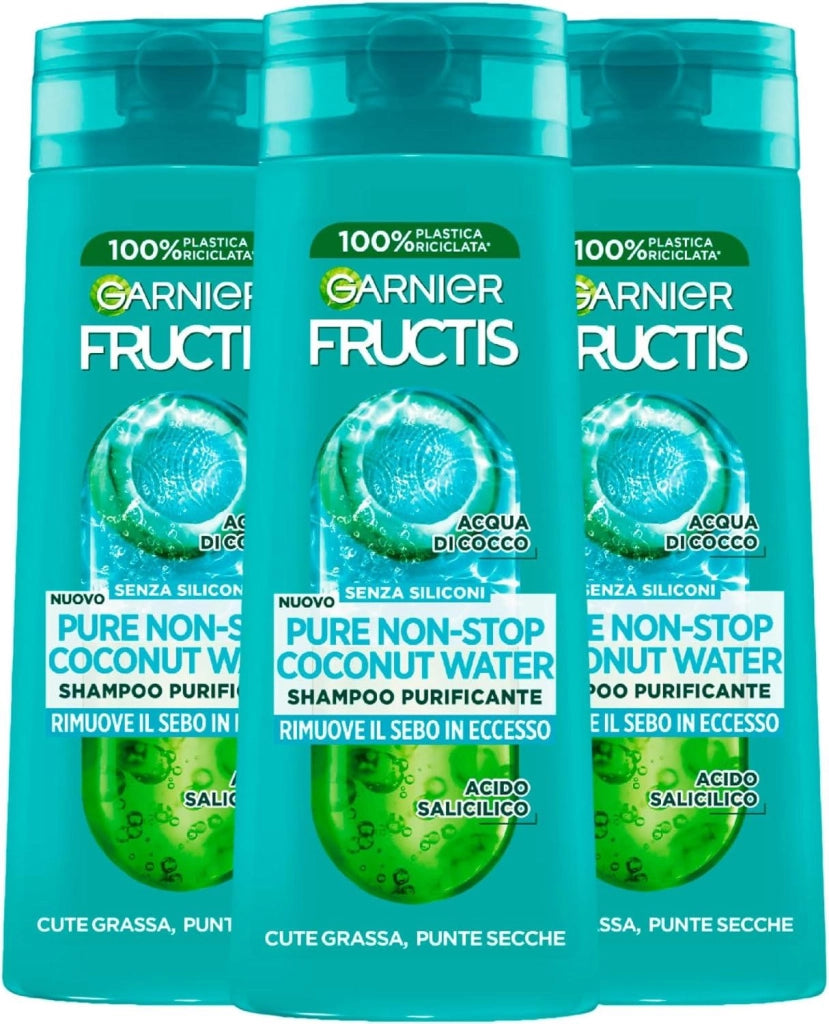 GARNIER FRUCTIS 3 PZ SHAMPOO 250 ML L'UNO PURE NON-STOP COCONUT WATER RIMUOVE IL SEBO IN ECCESSO