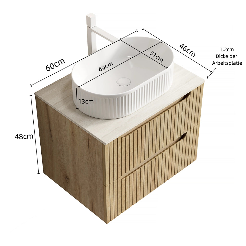 Mobile bagno con lavabo ovale in ceramica piano in pietra sinterizzata e due cassetti soft close colore bianco rovere