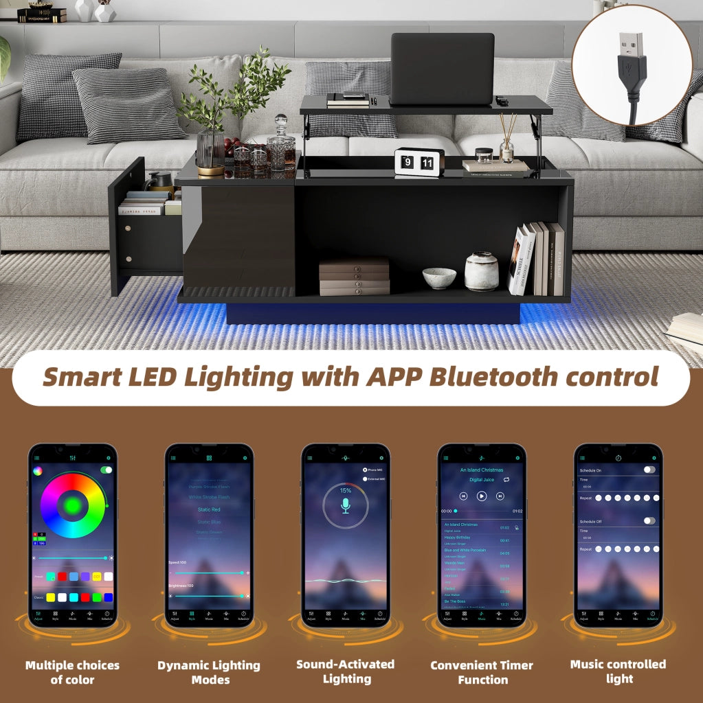 Tavolino da caffè elevabile 100 x 50 x 40 cm con vano nascosto; cassetto e LED Bluetooth nero