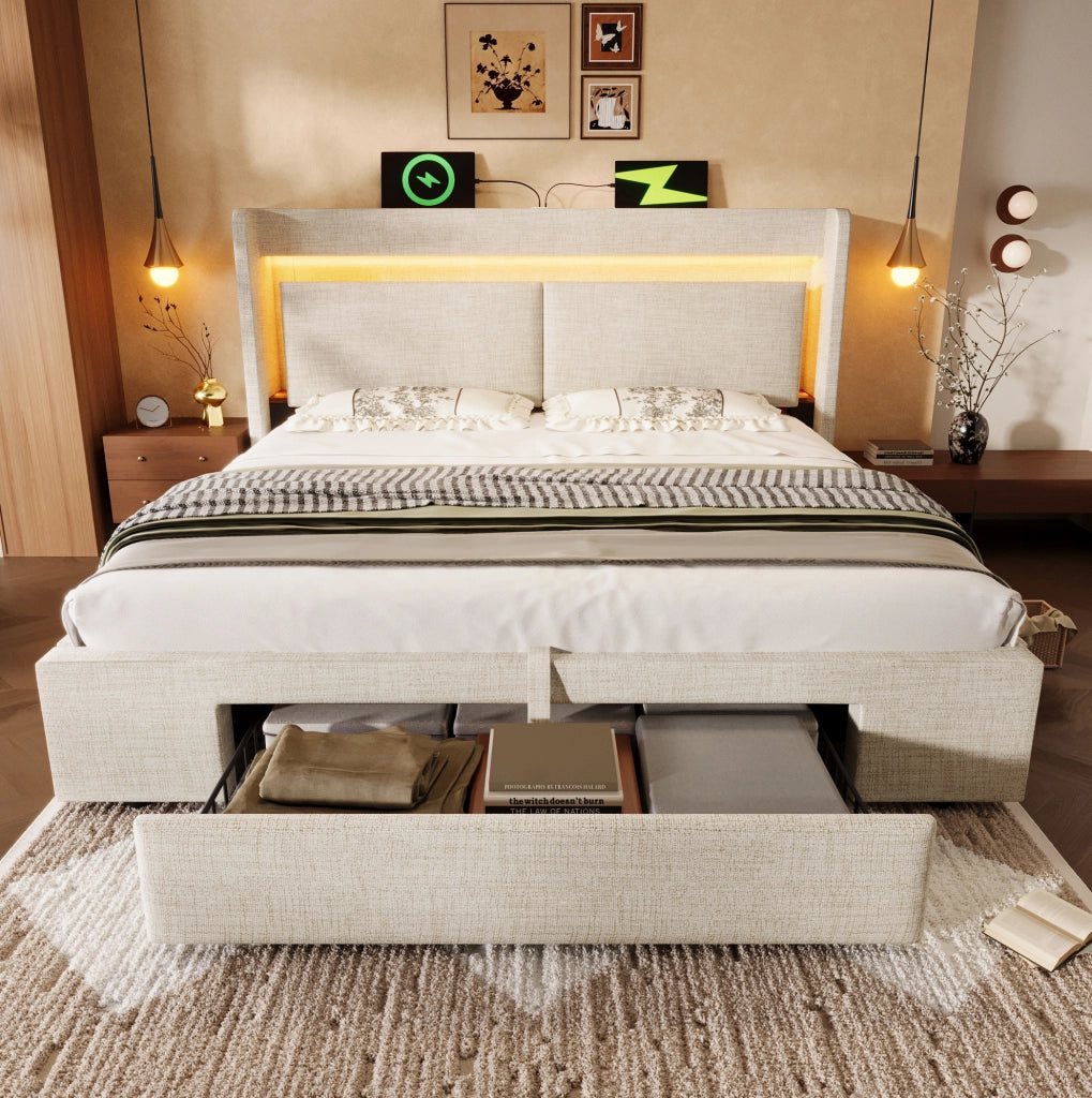 Letto imbottito beige 160x200 cm con contenitore idraulico, testiera con vano portaoggetti, illuminazione LED, porte USB e USB-C, rete a doghe e materasso incluso