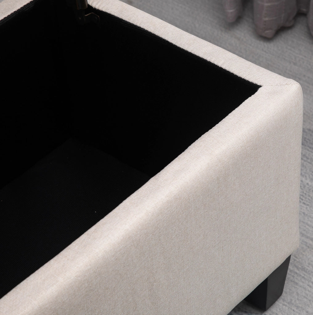 Panca contenitore imbottita in poliestere effetto lino crema 100x40x44 cm con gambe in legno di caucciù