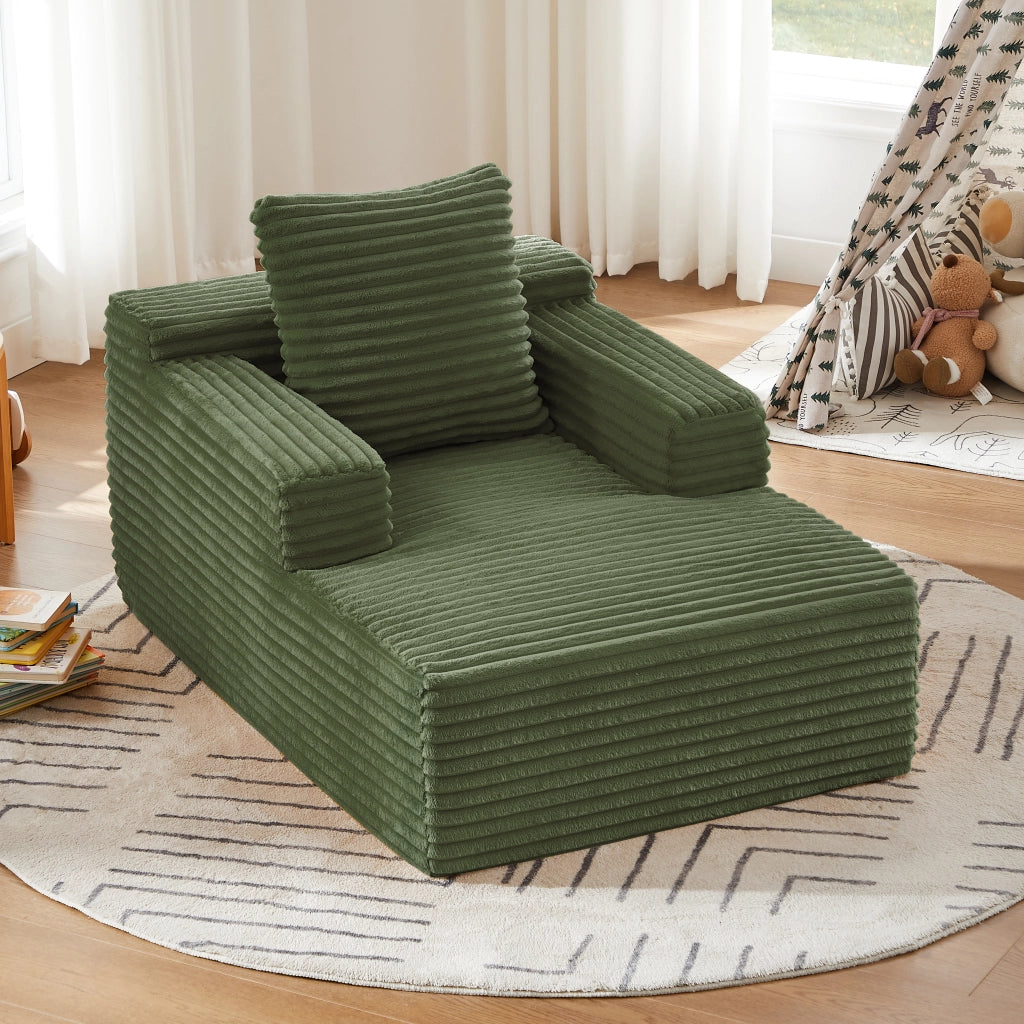 Divano letto in velluto a coste verde utilizzabile come chaise longue e poltrona relax senza montaggio