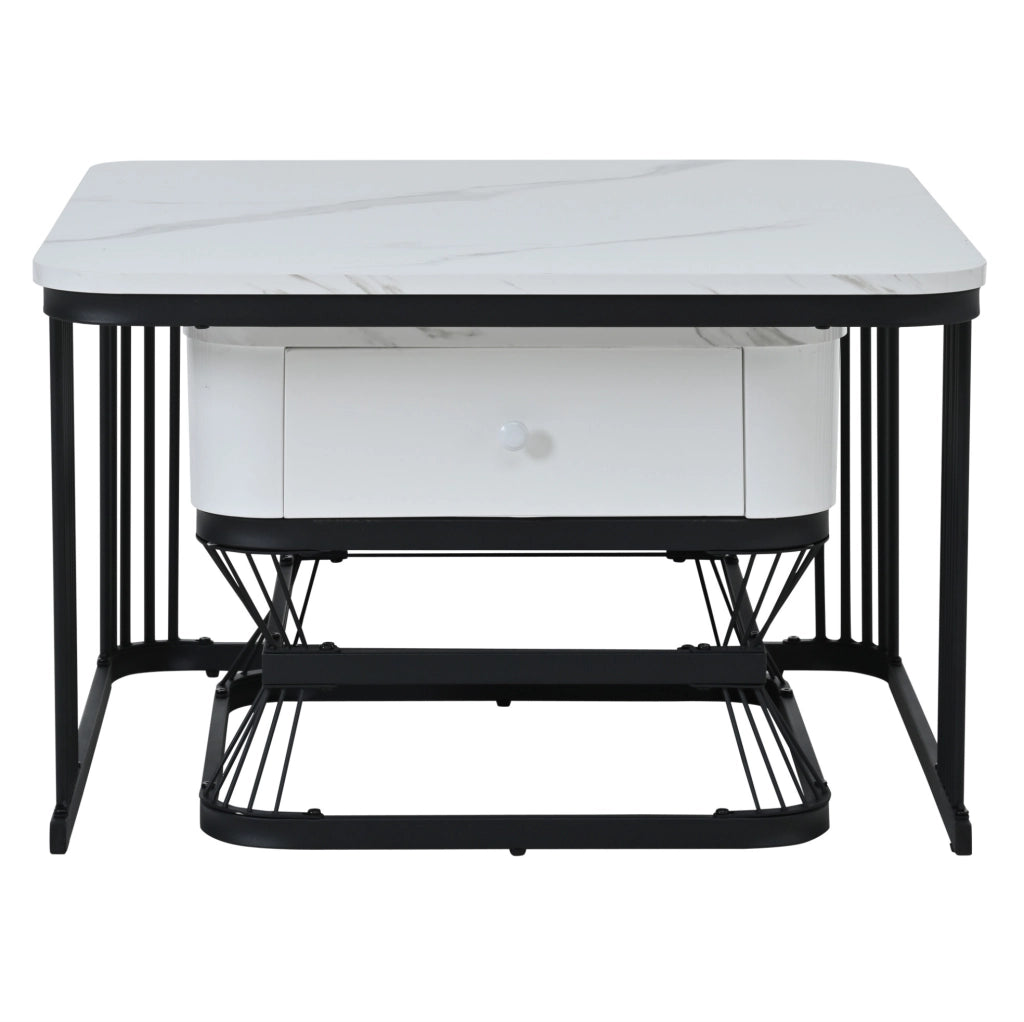 Set di 2 Tavolini da Salotto con Ripiano in Imitazione Marmo Lucido e Telaio in Metallo Nero, 70x70x45 cm + 50x50x40 cm, Bianco e Nero