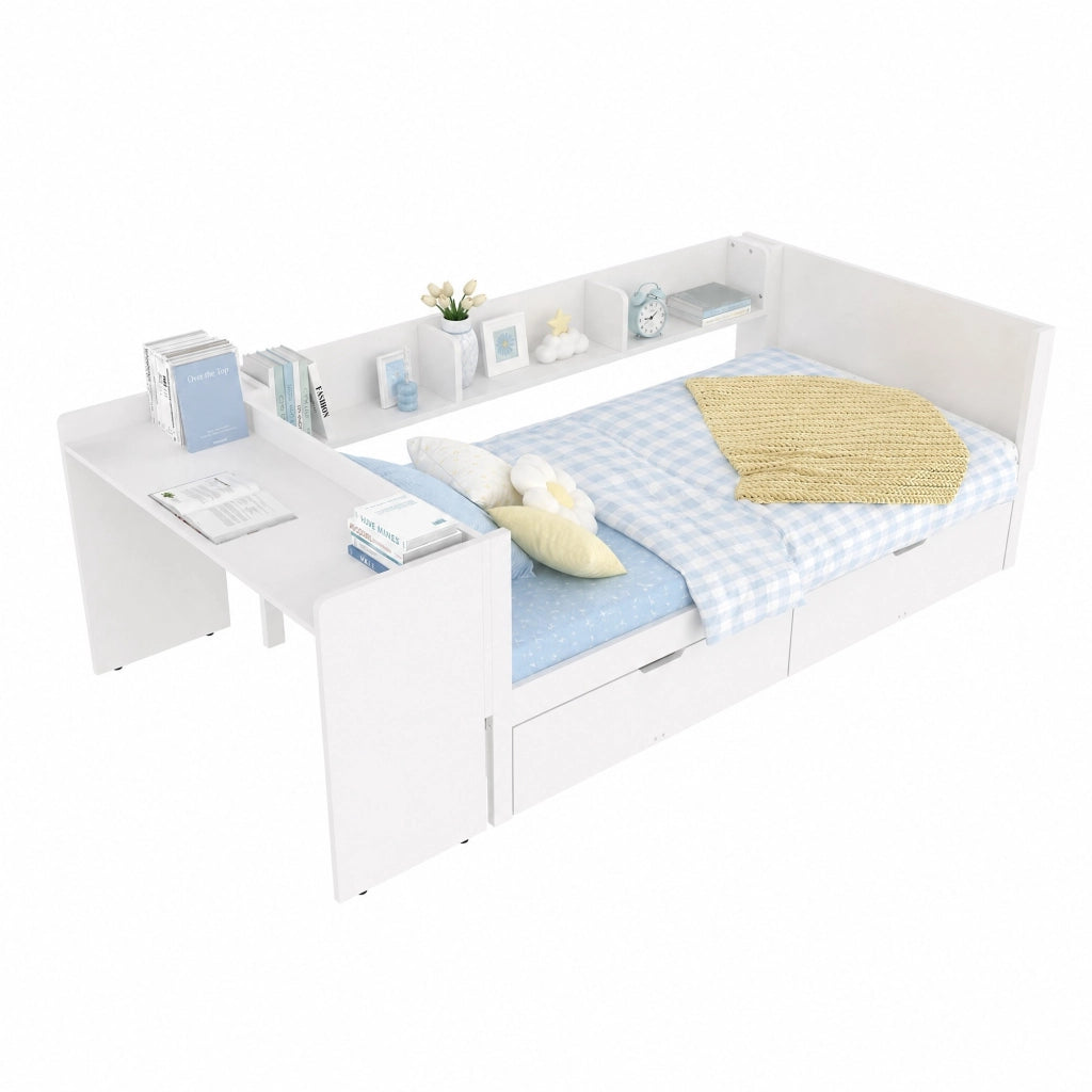 Letto singolo 90x200 cm bianco con scrivania, 2 cassetti e 3 ripiani