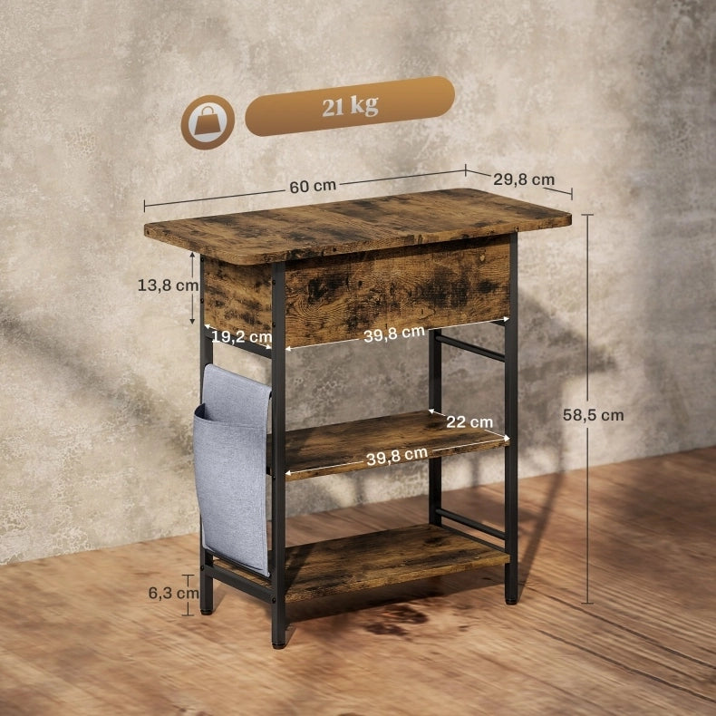 Tavolino laterale 60x29,8x58,5 cm con prese USB e USB-C in truciolare marrone rustico