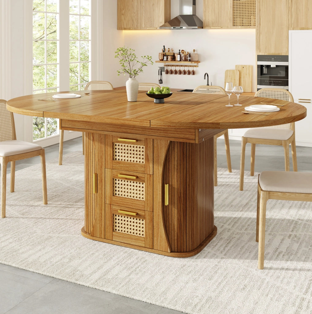 Tavolo da pranzo allungabile con cassetti in rattan, MDF effetto legno, 118-158 cm, nero/naturale/marrone