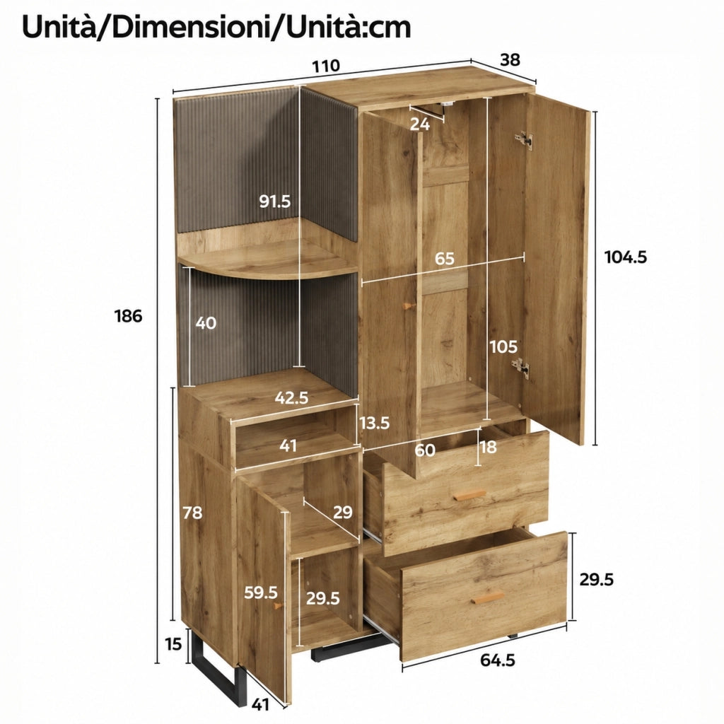 Guardaroba da ingresso con armadio 110 cm con ripiani aperti e pannelli imbottiti, MDF, legno e nero