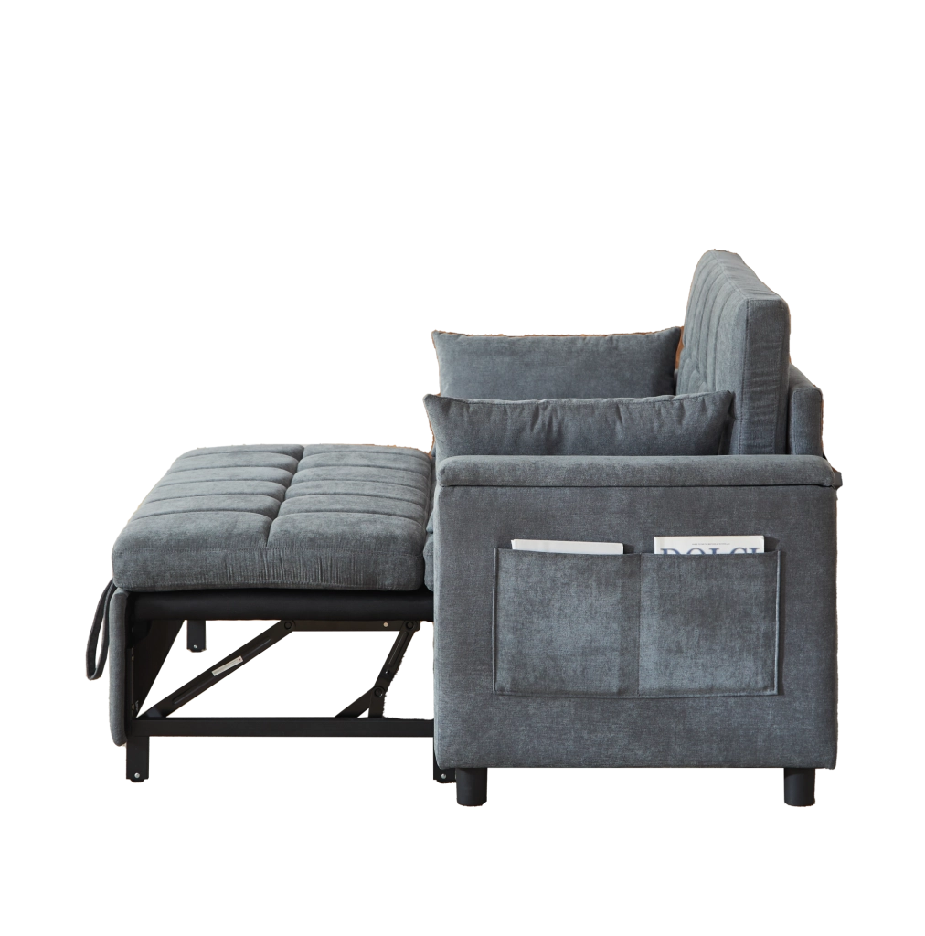 Divano letto 3 in 1 in ciniglia grigio con doppio contenitore e struttura metallica resistente