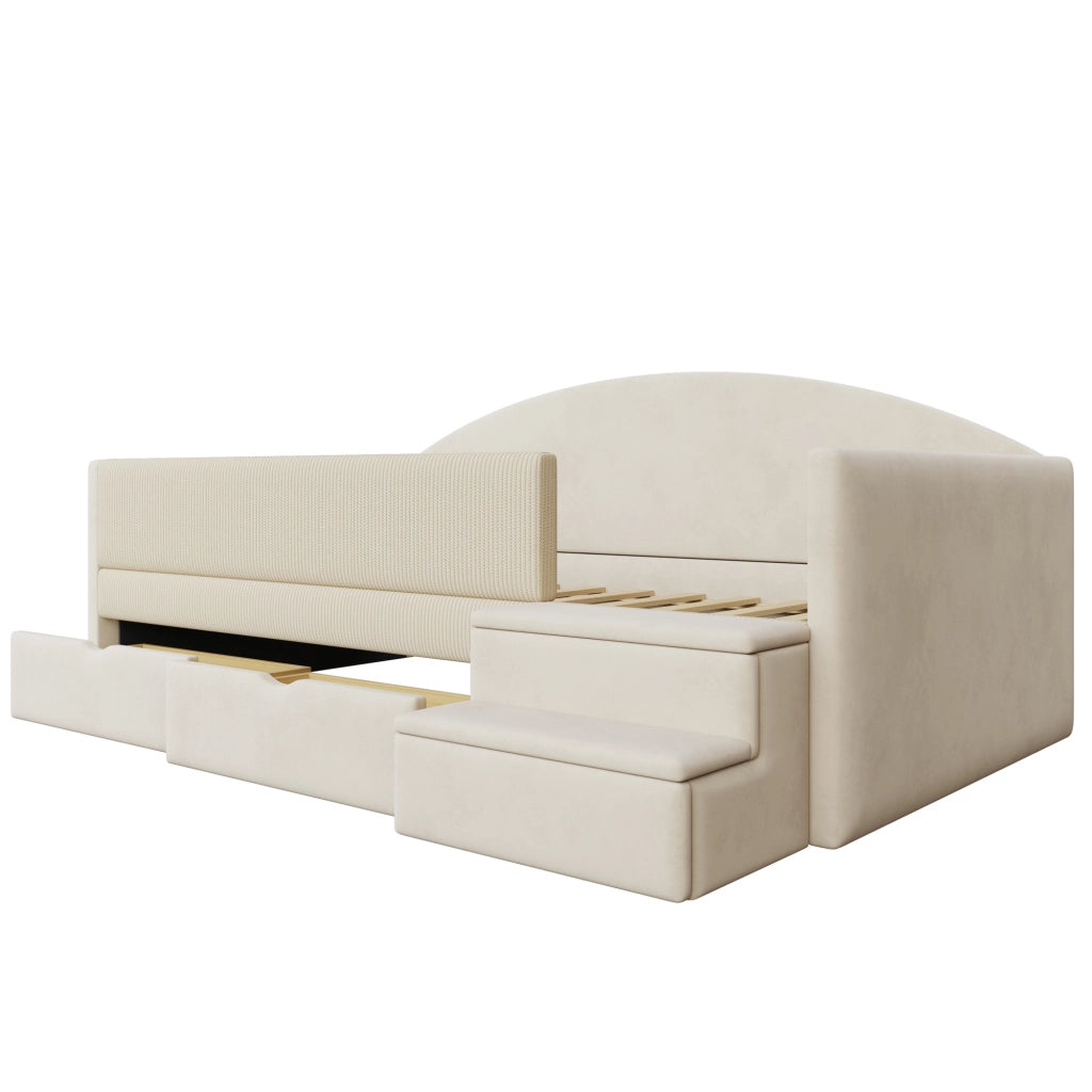 Letto imbottito singolo 90×190 cm con 2 cassetti; sponde; gradini e rete a doghe; senza materasso; beige