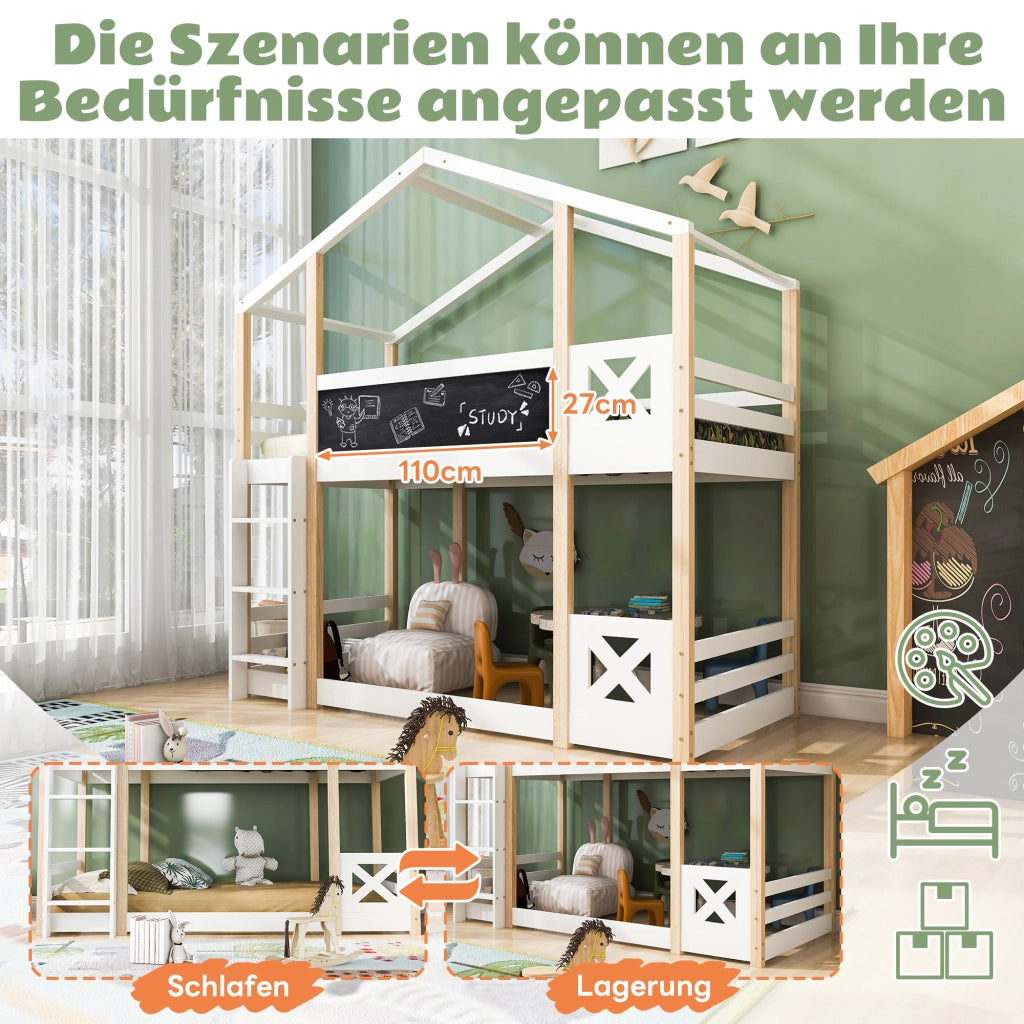 Letto a castello per bambini a casetta con scala 90 x 200 cm, 2 reti a doghe - Naturale e Bianco