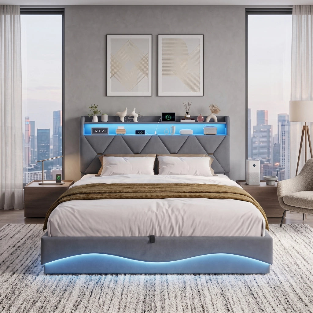 Letto matrimoniale 160x200 cm con contenitore LED USB Type-C testiera rete a doghe tessuto - grigio