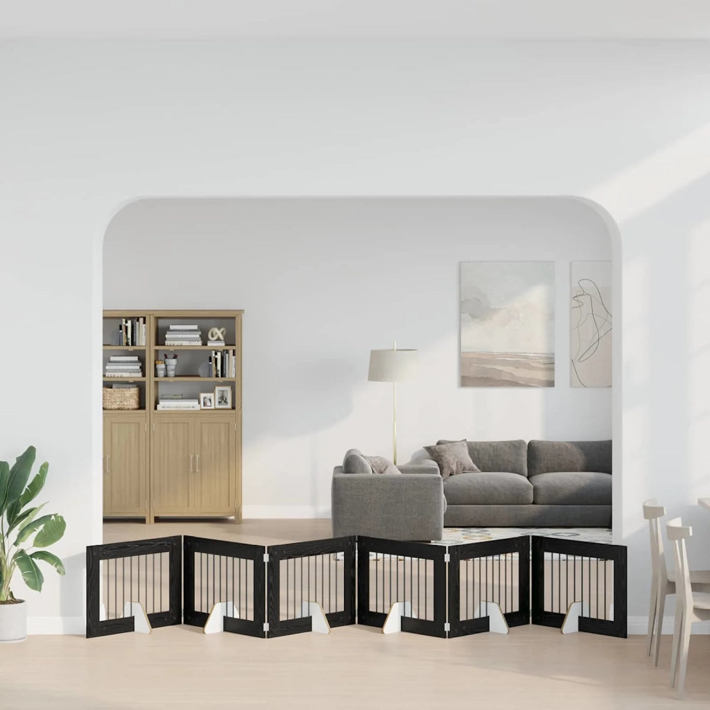Cancello per cani pieghevole con supporti 6 pz Rovere Nero 892139