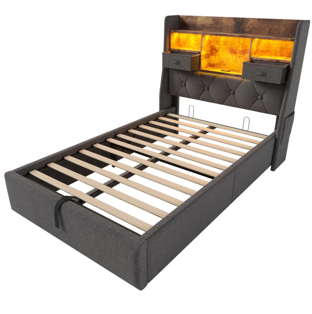 Letto contenitore 90x200 cm in tessuto grigio, testiera LED e porte USB, senza materasso