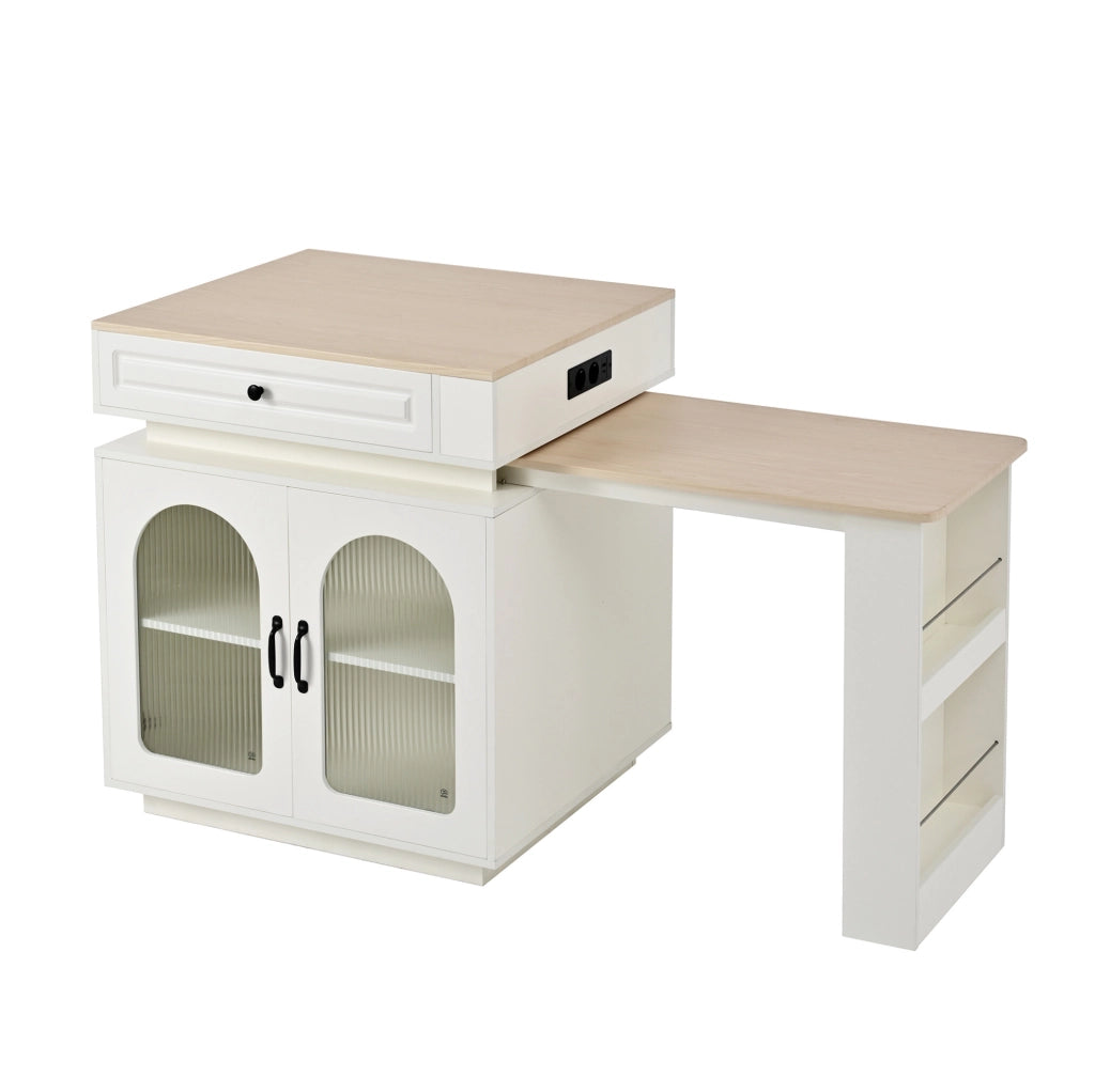 Isola da cucinaestensibile 128-200x71 cm bianca in MDF e vetro con LED e prese